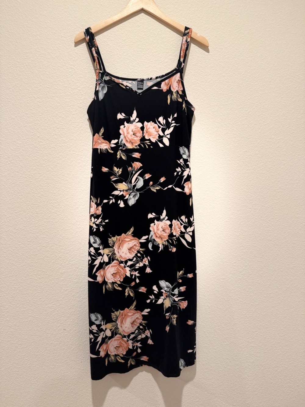 SHEIN Black Midi Dress with Blush Pink Rose Print
